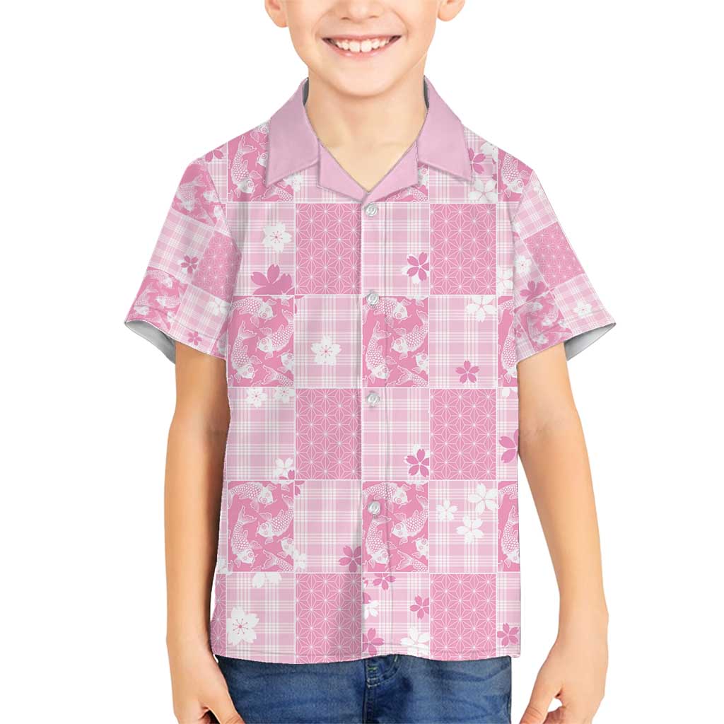 Pink Palaka Japanese Patterns Family Matching Off Shoulder Maxi Dress and Hawaiian Shirt Koi Fish Asanoha Sakura Patchwork Stylized - Polynesian Pride