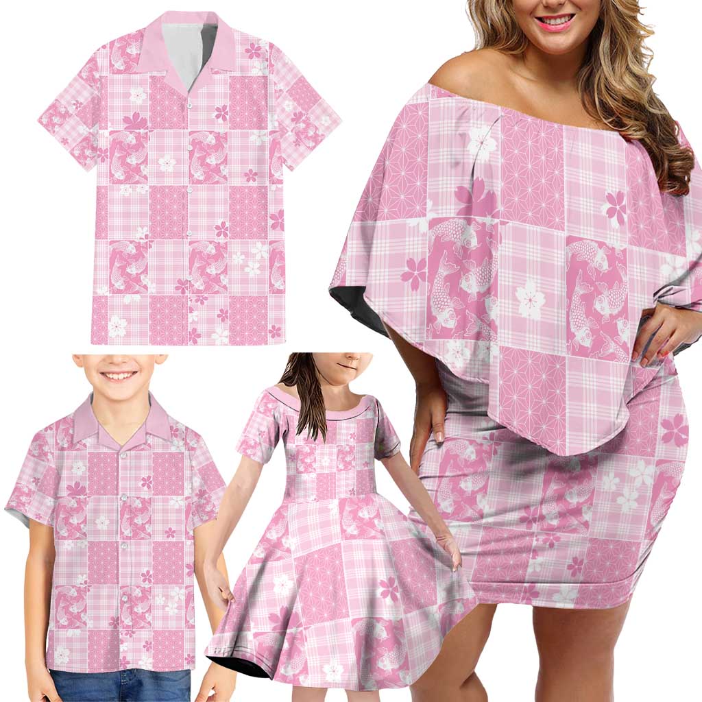 Pink Palaka Japanese Patterns Family Matching Off Shoulder Short Dress and Hawaiian Shirt Koi Fish Asanoha Sakura Patchwork Stylized LT14 - Polynesian Pride