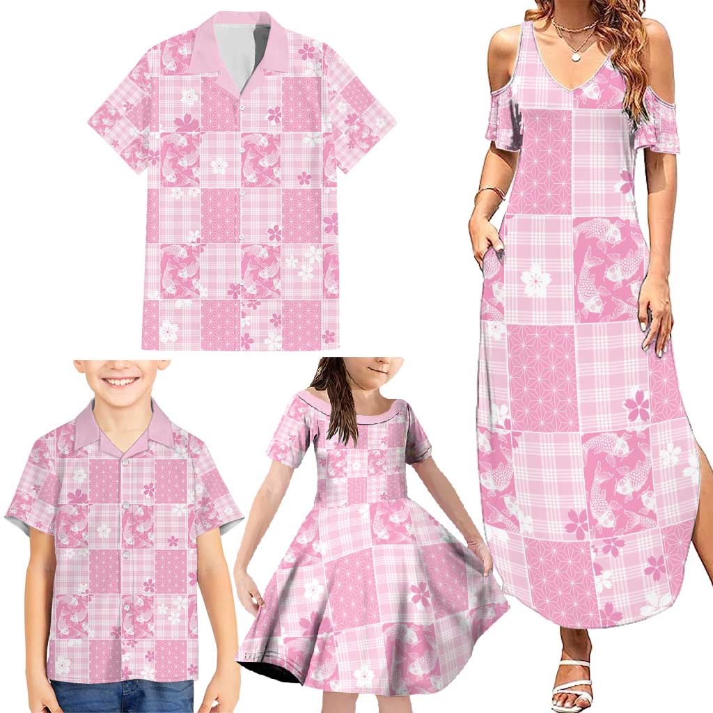 Pink Palaka Japanese Patterns Family Matching Summer Maxi Dress and Hawaiian Shirt Koi Fish Asanoha Sakura Patchwork Stylized LT14 - Polynesian Pride