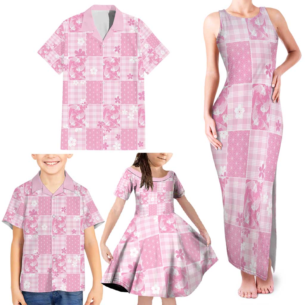 Pink Palaka Japanese Patterns Family Matching Tank Maxi Dress and Hawaiian Shirt Koi Fish Asanoha Sakura Patchwork Stylized LT14 - Polynesian Pride