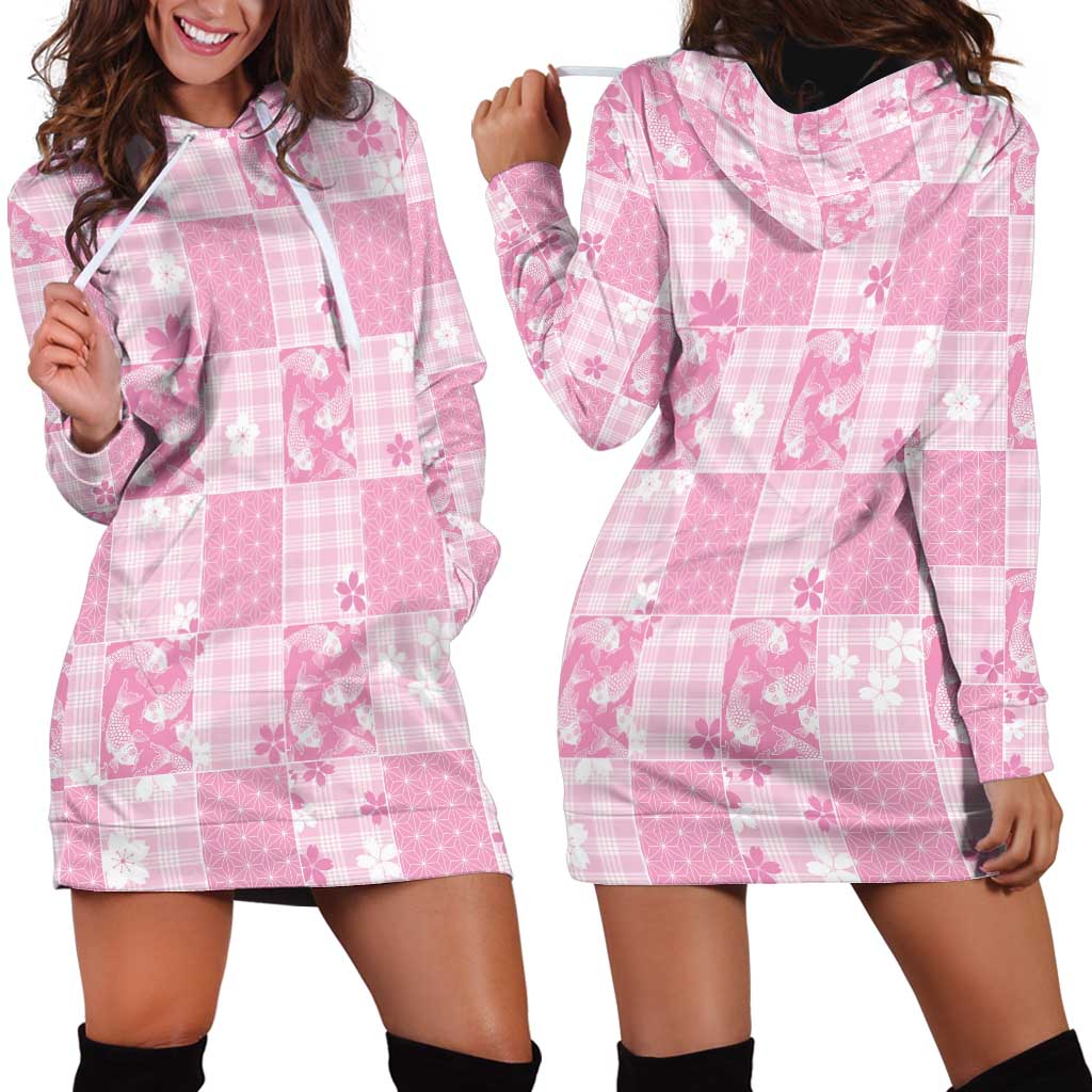 Pink Palaka Japanese Patterns Hoodie Dress Koi Fish Asanoha Sakura Patchwork Stylized - Polynesian Pride