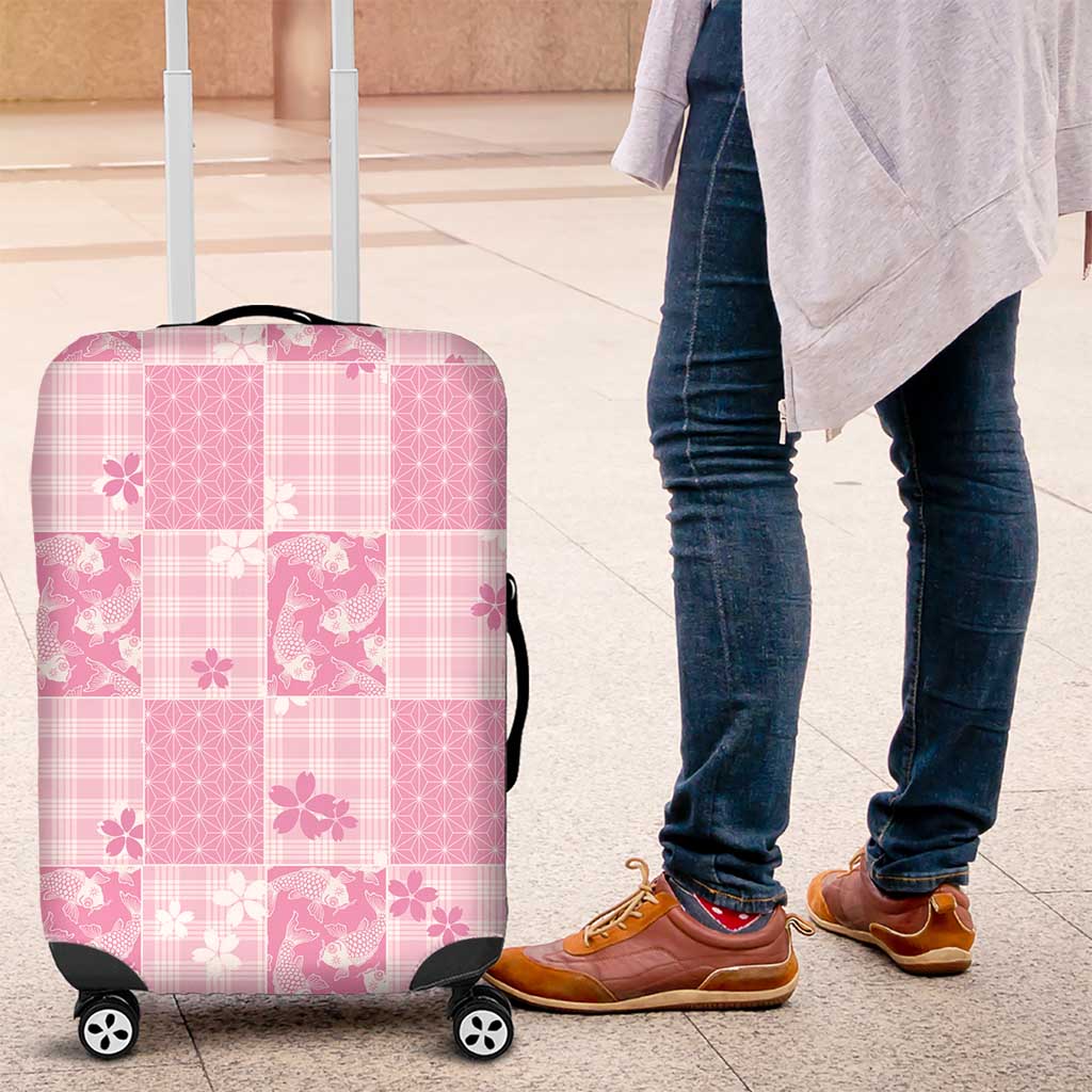 Pink Palaka Japanese Patterns Luggage Cover Koi Fish Asanoha Sakura Patchwork Stylized LT14 Pink - Polynesian Pride