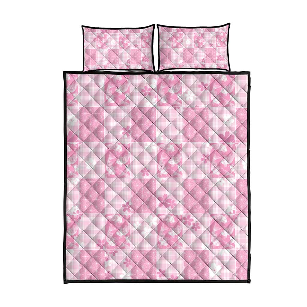 Pink Palaka Japanese Patterns Quilt Bed Set Koi Fish Asanoha Sakura Patchwork Stylized LT14 - Polynesian Pride