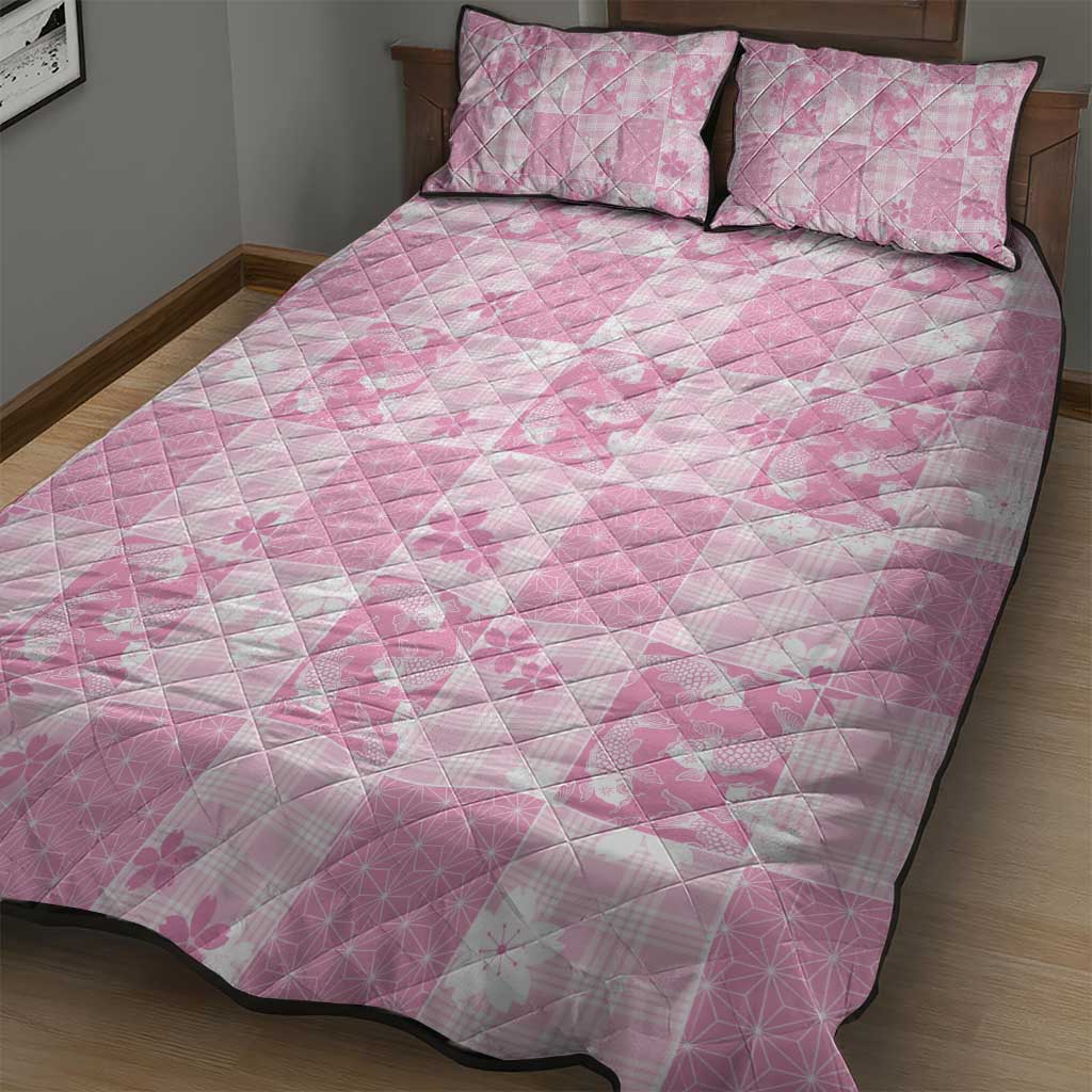Pink Palaka Japanese Patterns Quilt Bed Set Koi Fish Asanoha Sakura Patchwork Stylized LT14 - Polynesian Pride