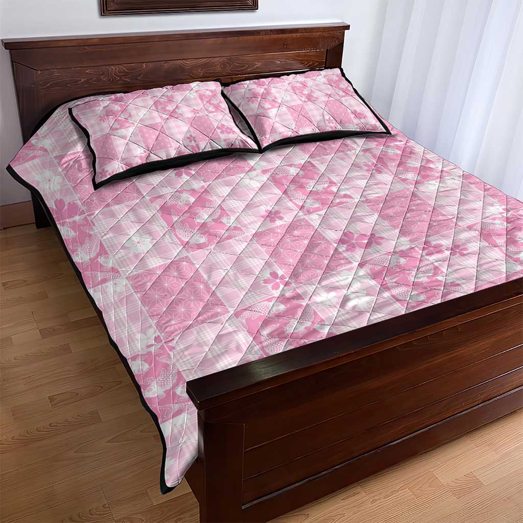 Pink Palaka Japanese Patterns Quilt Bed Set Koi Fish Asanoha Sakura Patchwork Stylized LT14 - Polynesian Pride
