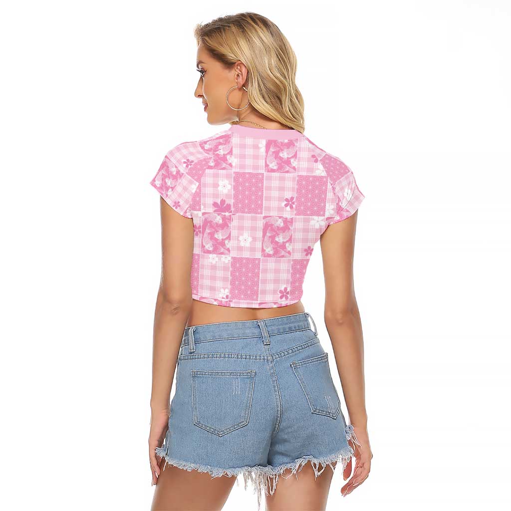 Pink Palaka Japanese Patterns Raglan Cropped T Shirt Koi Fish Asanoha Sakura Patchwork Stylized - Polynesian Pride