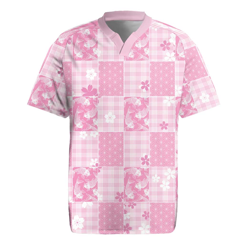 Pink Palaka Japanese Patterns Rugby Jersey Koi Fish Asanoha Sakura Patchwork Stylized LT14 Pink - Polynesian Pride