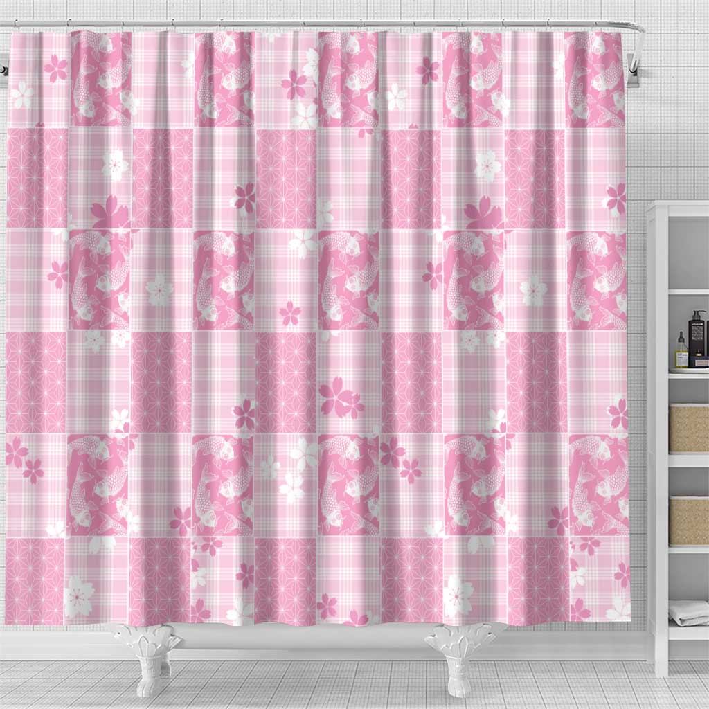Pink Palaka Japanese Patterns Shower Curtain Koi Fish Asanoha Sakura Patchwork Stylized - Polynesian Pride