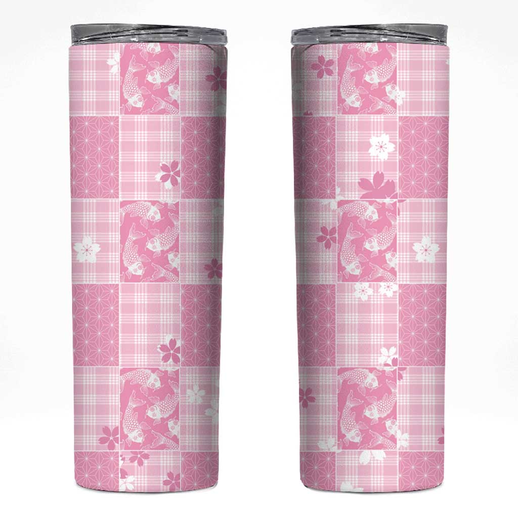 Pink Palaka Japanese Patterns Skinny Tumbler Koi Fish Asanoha Sakura Patchwork Stylized LT14 Pink - Polynesian Pride