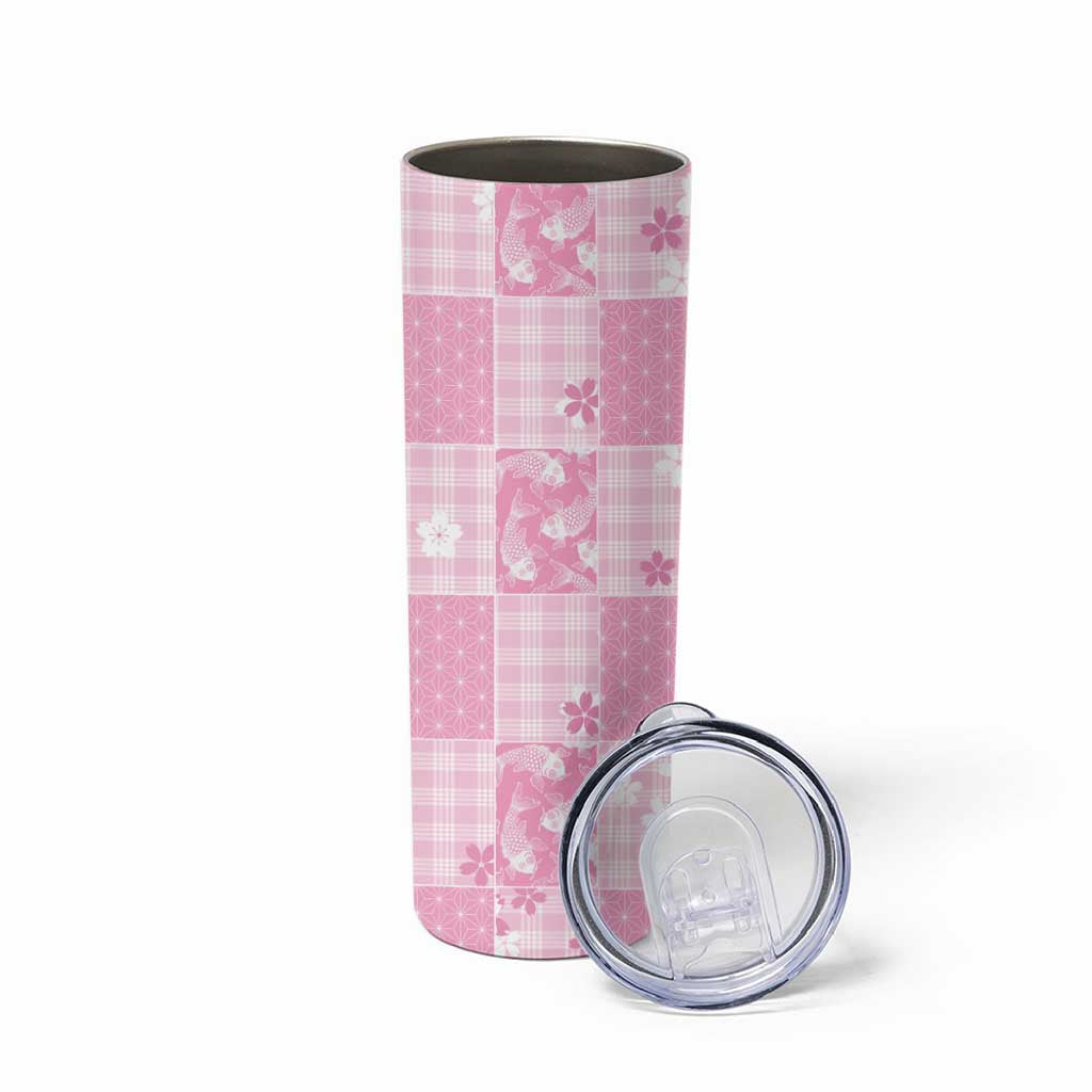 Pink Palaka Japanese Patterns Skinny Tumbler Koi Fish Asanoha Sakura Patchwork Stylized LT14 - Polynesian Pride