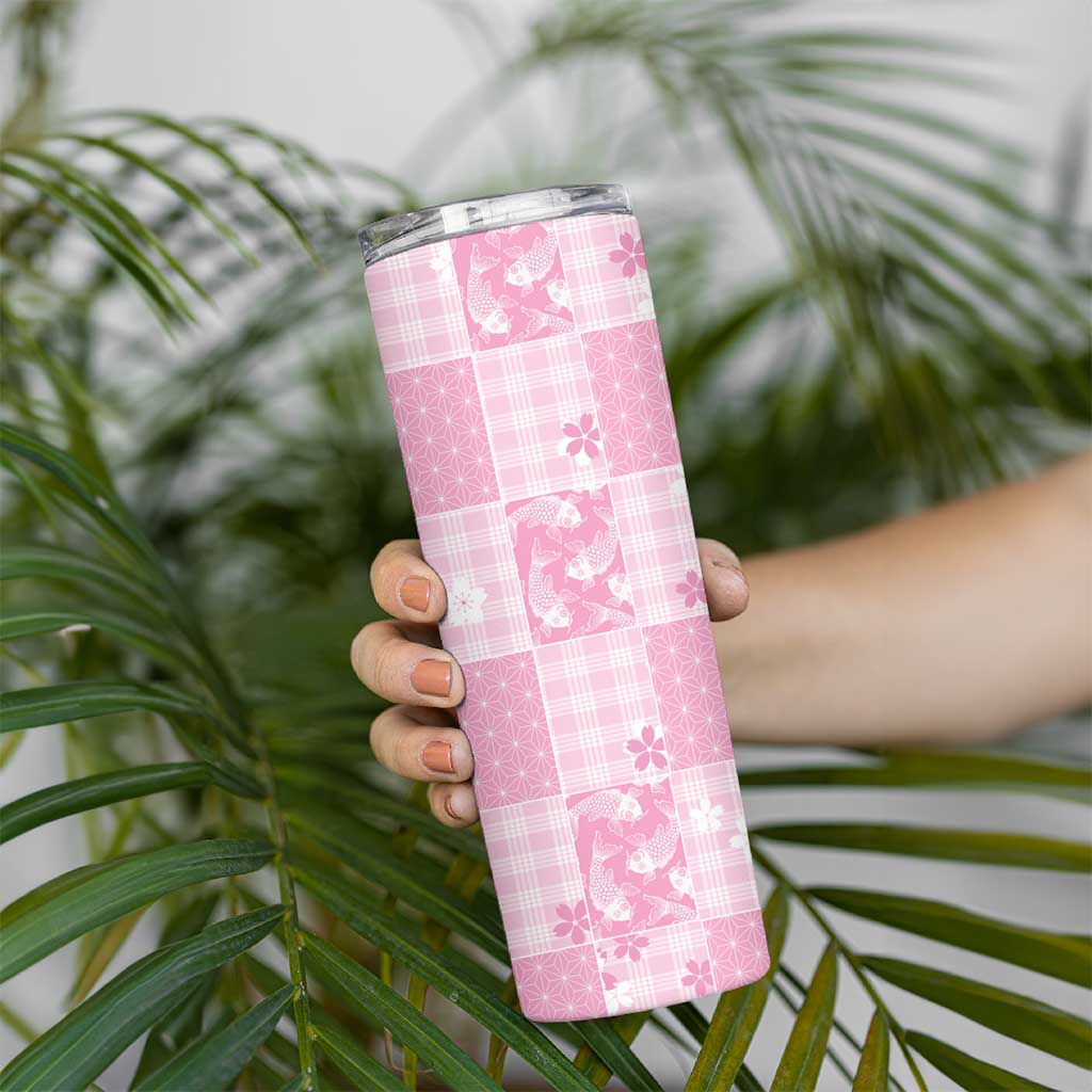 Pink Palaka Japanese Patterns Skinny Tumbler Koi Fish Asanoha Sakura Patchwork Stylized LT14 - Polynesian Pride