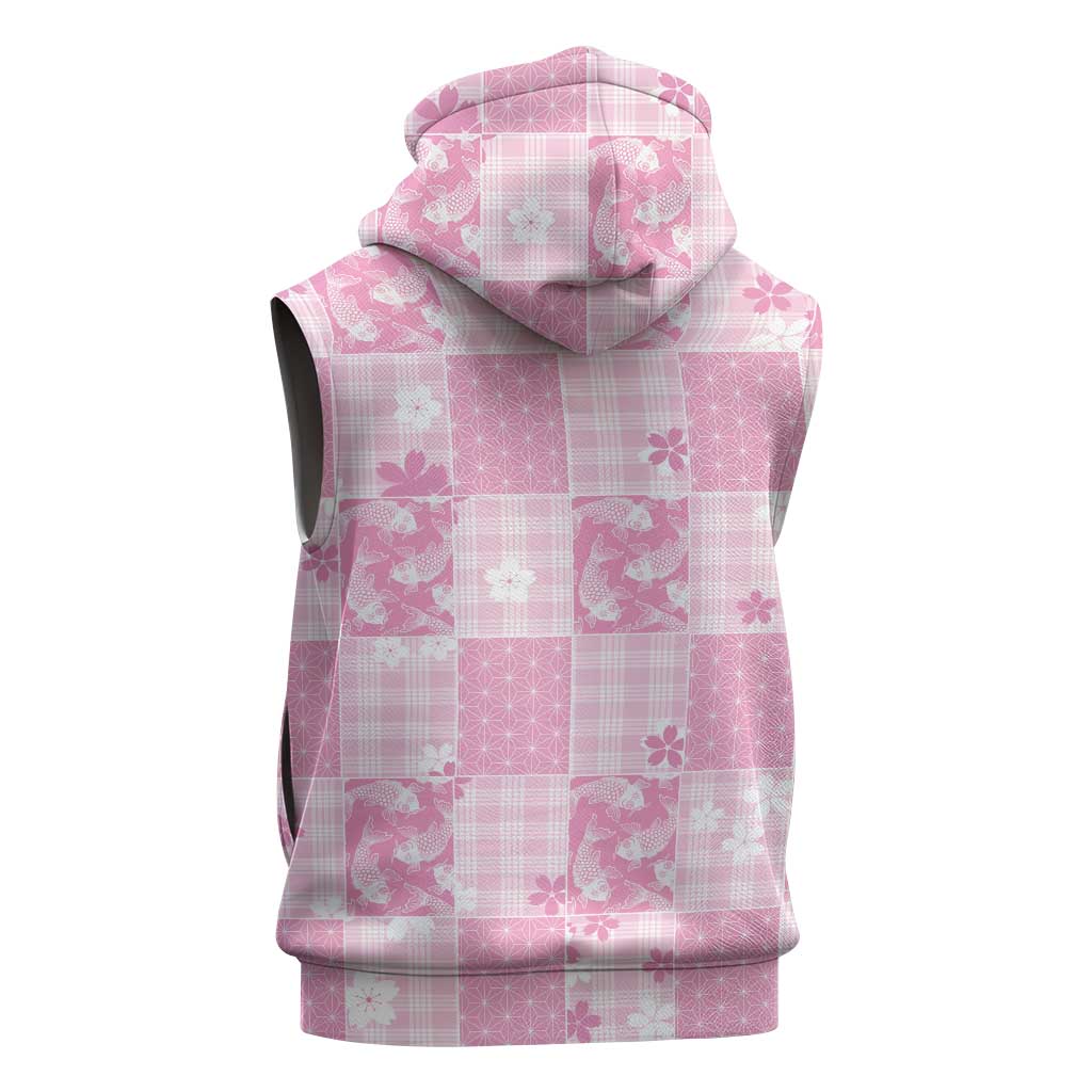 Pink Palaka Japanese Patterns Sleeveless Zip Hoodie Koi Fish Asanoha Sakura Patchwork Stylized - Polynesian Pride