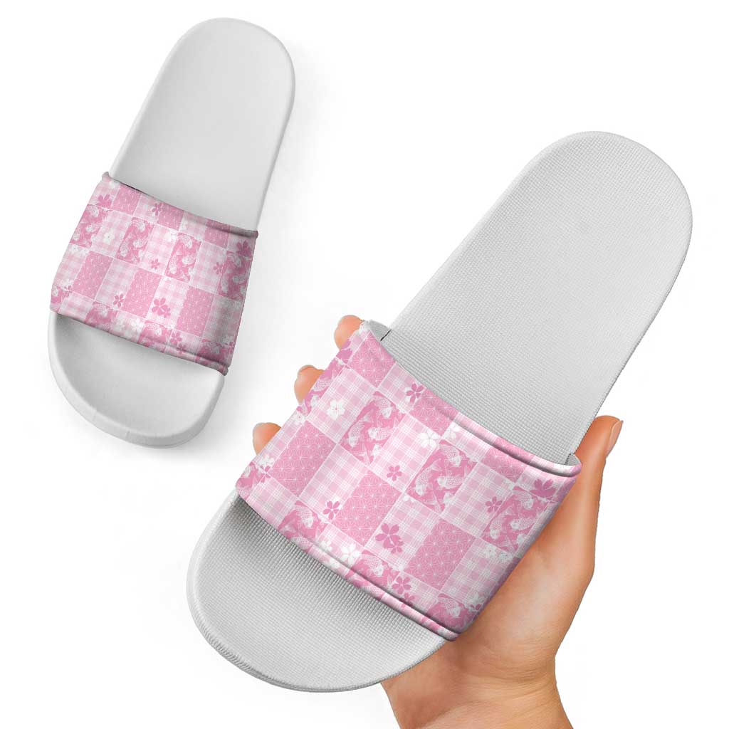 Pink Palaka Japanese Patterns Slide Sandals Koi Fish Asanoha Sakura Patchwork Stylized - Polynesian Pride