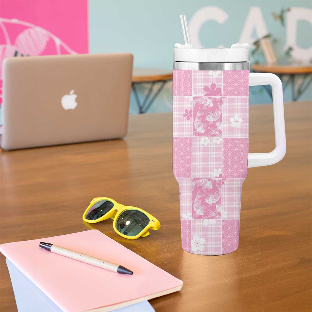 Pink Palaka Japanese Patterns Tumbler With Handle Koi Fish Asanoha Sakura Patchwork Stylized - Polynesian Pride