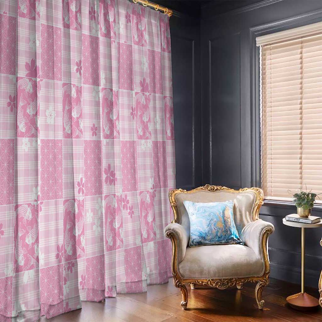 Pink Palaka Japanese Patterns Window Curtain Koi Fish Asanoha Sakura Patchwork Stylized - Polynesian Pride