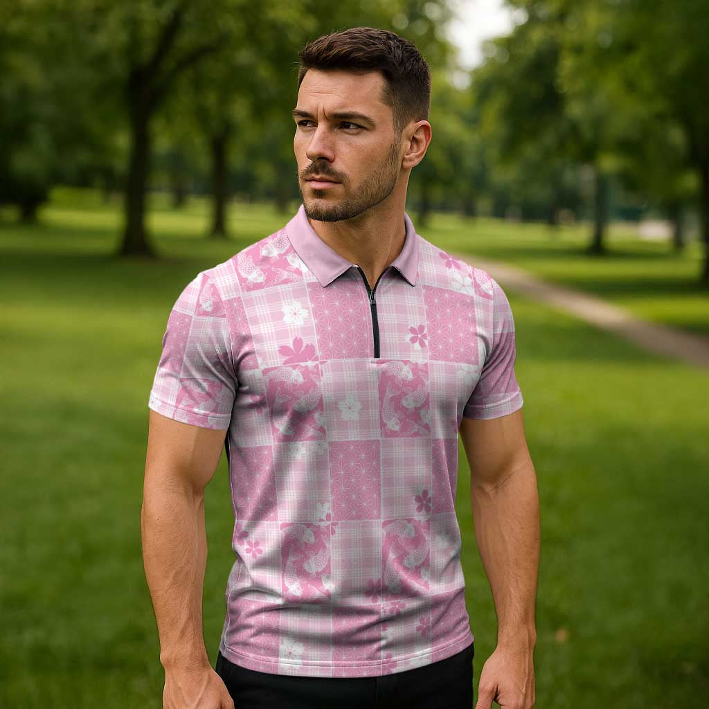 Pink Palaka Japanese Patterns Zipper Polo Shirt Koi Fish Asanoha Sakura Patchwork Stylized - Polynesian Pride