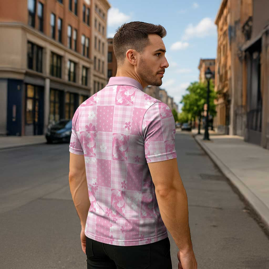 Pink Palaka Japanese Patterns Zipper Polo Shirt Koi Fish Asanoha Sakura Patchwork Stylized - Polynesian Pride