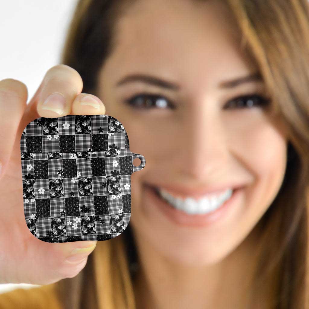 Black Palaka Japanese Patterns AirPods Case Koi Fish Asanoha Sakura Patchwork Stylized - Polynesian Pride