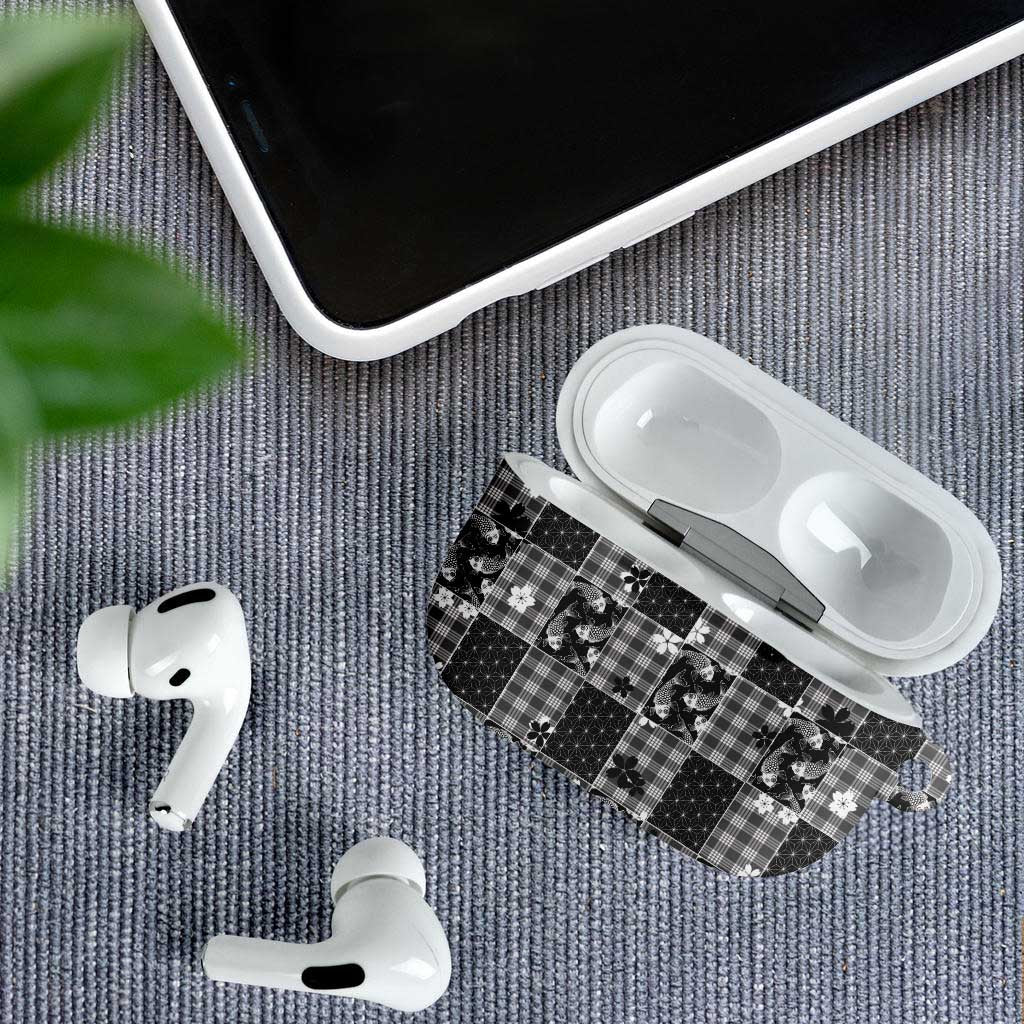 Black Palaka Japanese Patterns AirPods Case Koi Fish Asanoha Sakura Patchwork Stylized - Polynesian Pride