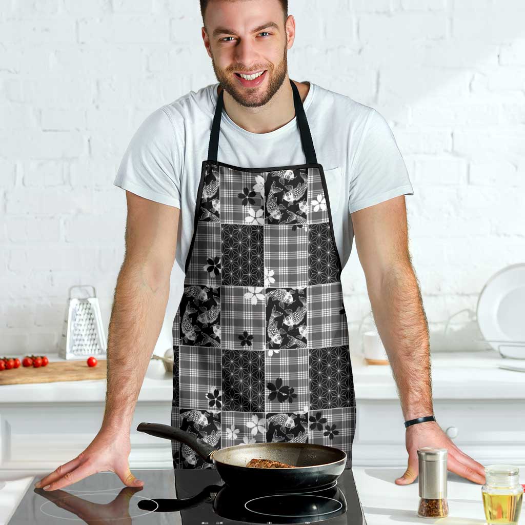 Black Palaka Japanese Patterns Apron Koi Fish Asanoha Sakura Patchwork Stylized - Polynesian Pride