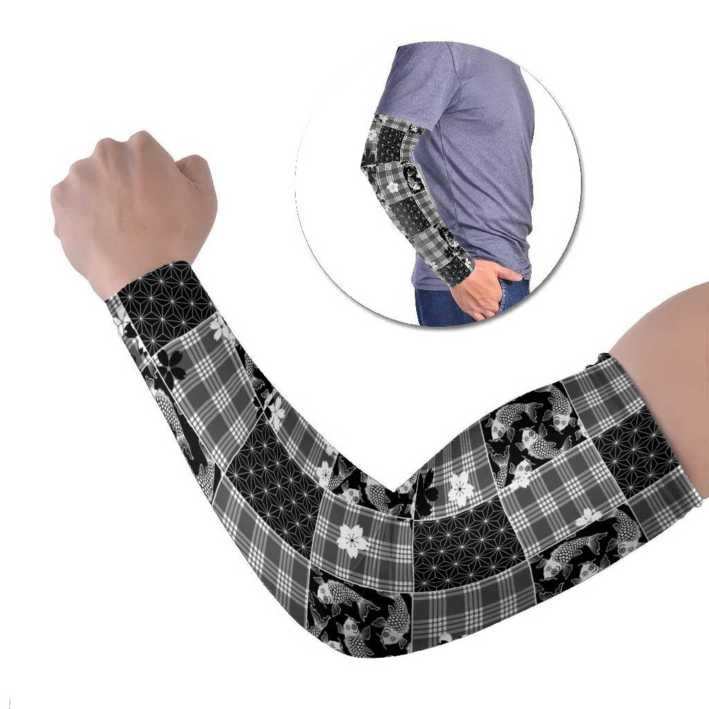 Black Palaka Japanese Patterns Arm Sleeves Koi Fish Asanoha Sakura Patchwork Stylized - Polynesian Pride