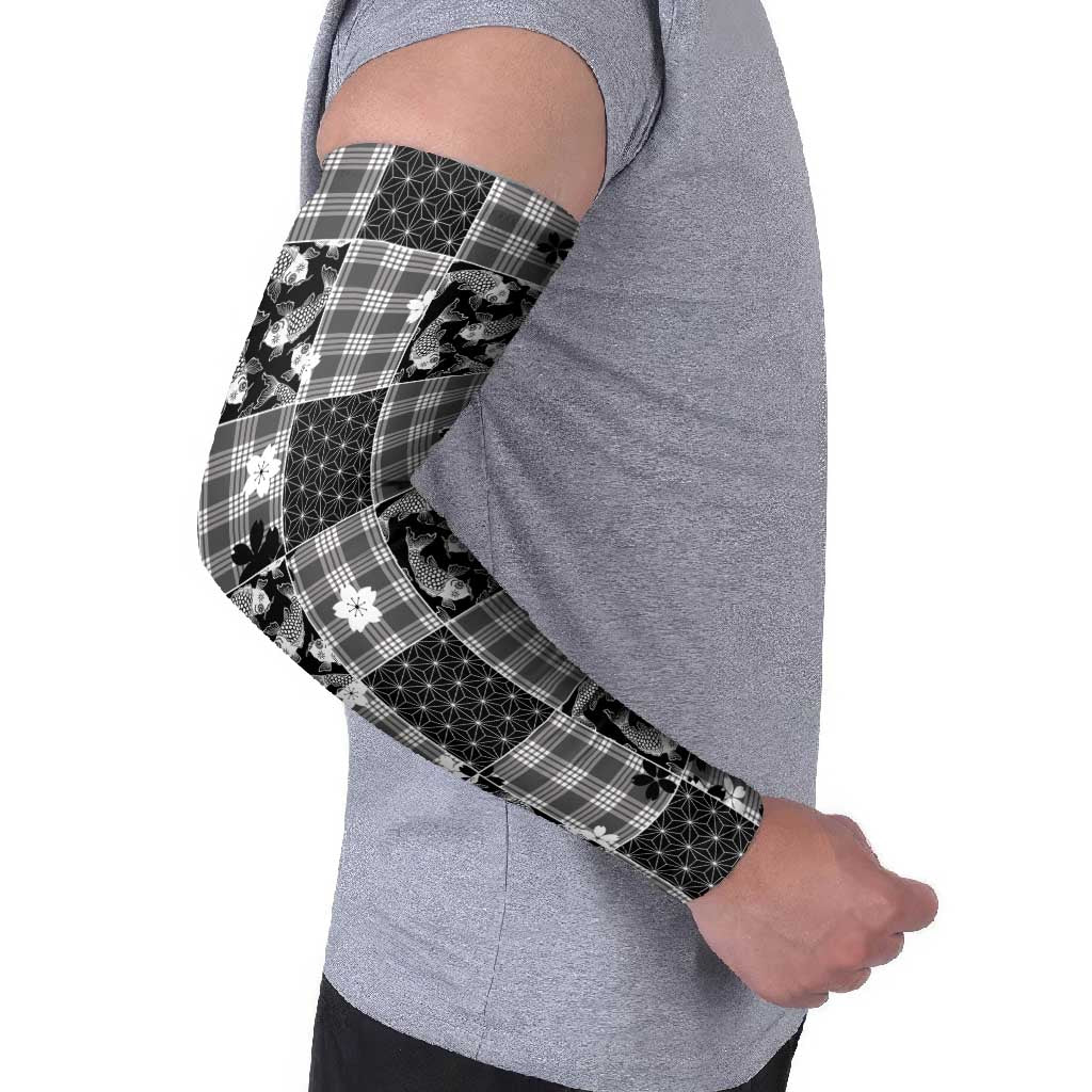 Black Palaka Japanese Patterns Arm Sleeves Koi Fish Asanoha Sakura Patchwork Stylized - Polynesian Pride