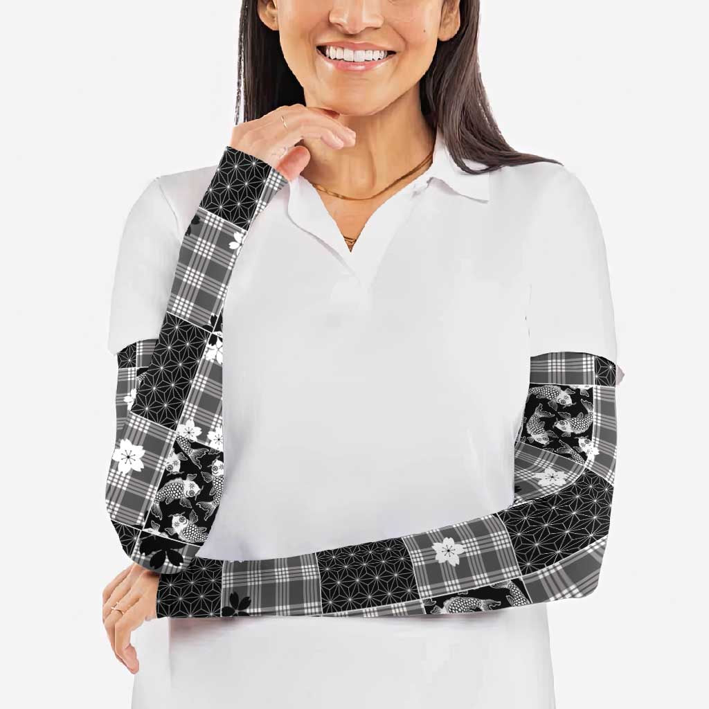 Black Palaka Japanese Patterns Arm Sleeves Koi Fish Asanoha Sakura Patchwork Stylized - Polynesian Pride