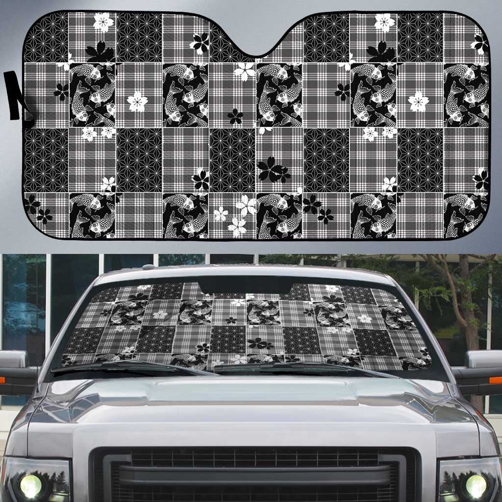 Black Palaka Japanese Patterns Auto Sun Shade Koi Fish Asanoha Sakura Patchwork Stylized LT14 Black - Polynesian Pride