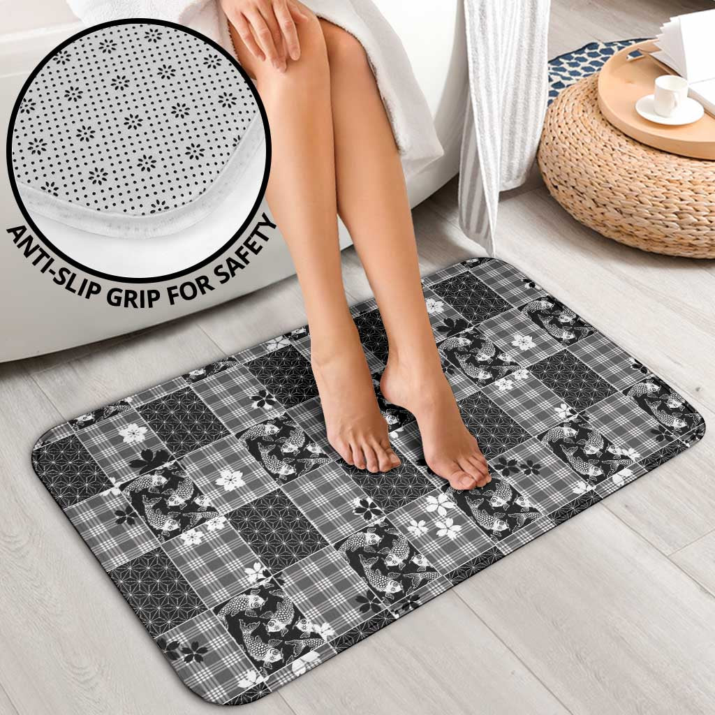 Black Palaka Japanese Patterns Bathroom Set Koi Fish Asanoha Sakura Patchwork Stylized - Polynesian Pride