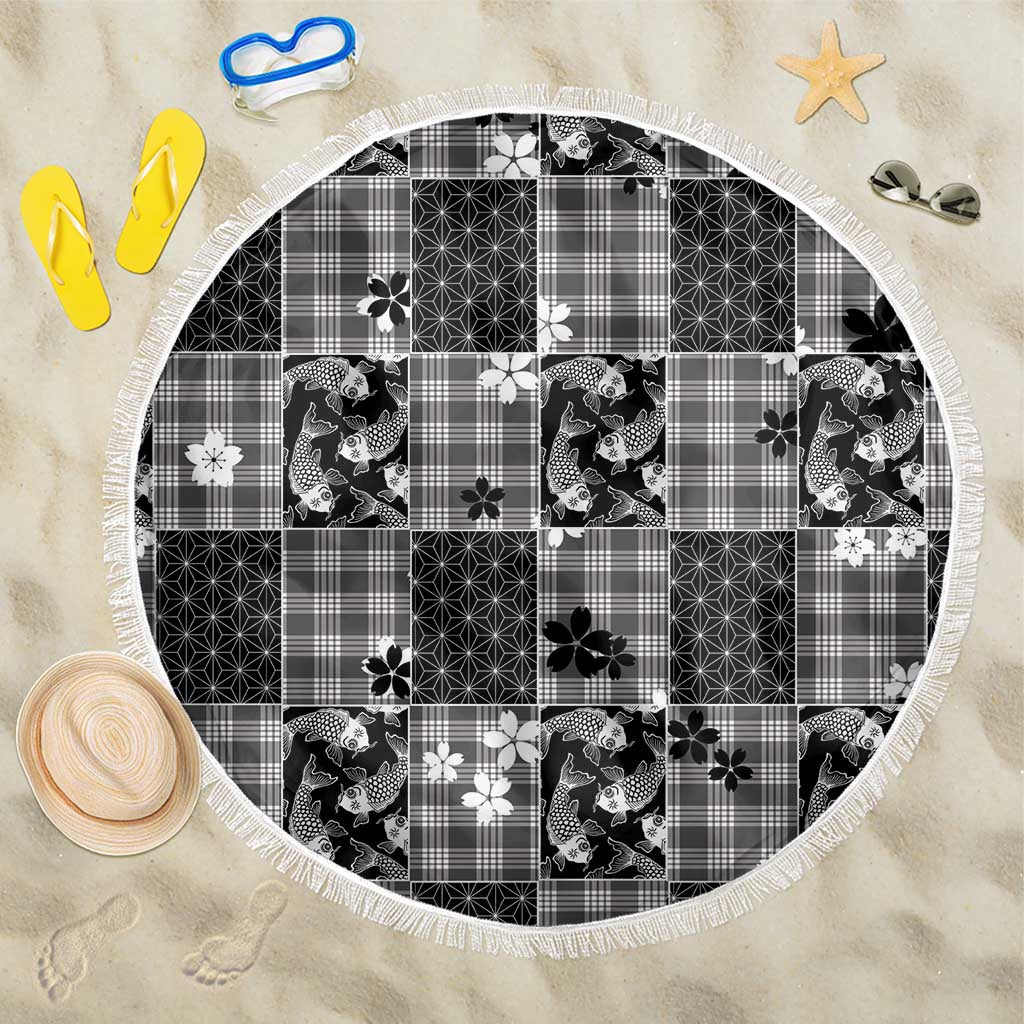 Black Palaka Japanese Patterns Beach Blanket Koi Fish Asanoha Sakura Patchwork Stylized LT14 One Size 150cm Black - Polynesian Pride