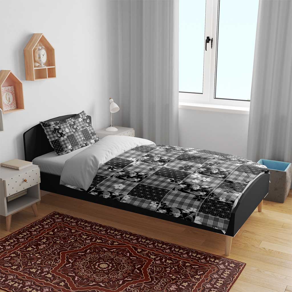 Black Palaka Japanese Patterns Bedding Set Koi Fish Asanoha Sakura Patchwork Stylized - Polynesian Pride