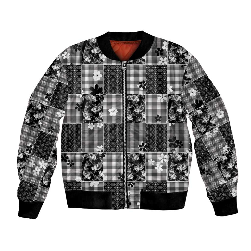 Black Palaka Japanese Patterns Bomber Jacket Koi Fish Asanoha Sakura Patchwork Stylized LT14 Unisex Black - Polynesian Pride