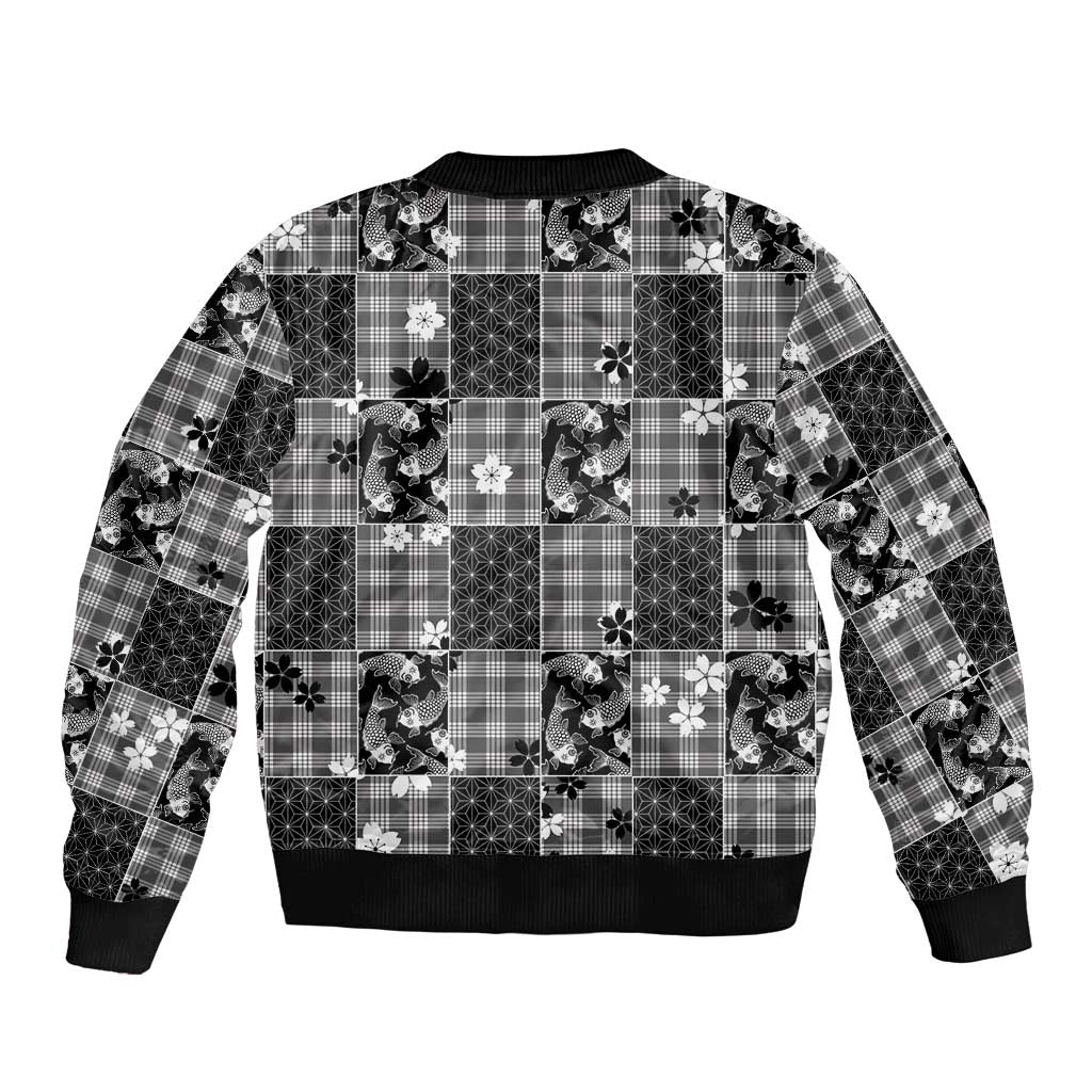 Black Palaka Japanese Patterns Bomber Jacket Koi Fish Asanoha Sakura Patchwork Stylized LT14 - Polynesian Pride