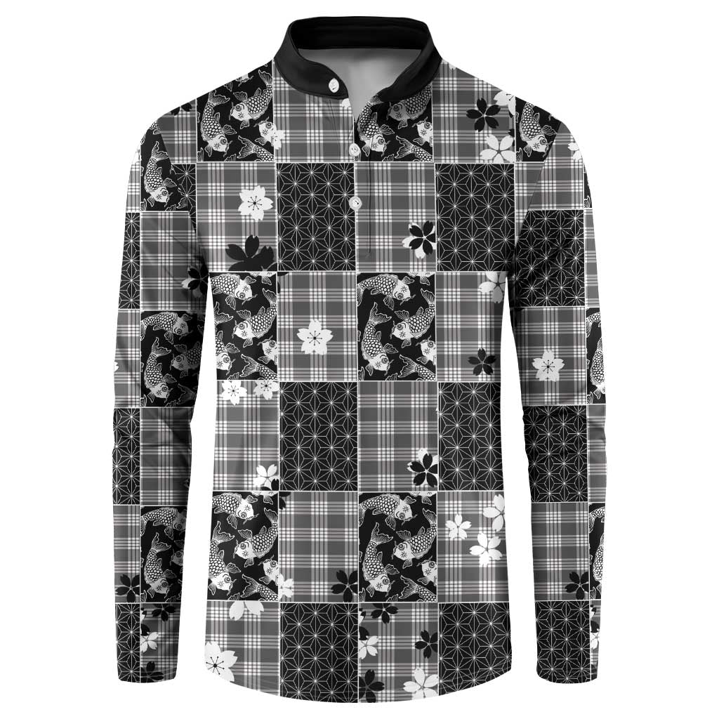 Black Palaka Japanese Patterns Button Sweatshirt Koi Fish Asanoha Sakura Patchwork Stylized LT14 Black - Polynesian Pride