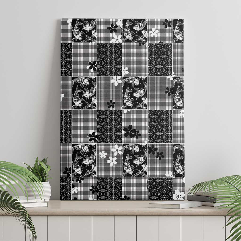 Black Palaka Japanese Patterns Canvas Wall Art Koi Fish Asanoha Sakura Patchwork Stylized - Polynesian Pride