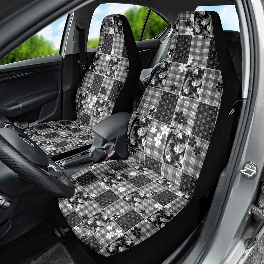 Black Palaka Japanese Patterns Car Seat Cover Koi Fish Asanoha Sakura Patchwork Stylized - Polynesian Pride