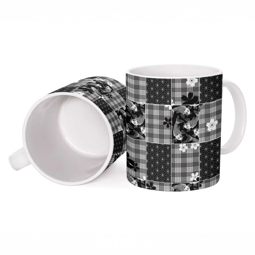 Black Palaka Japanese Patterns Ceramic Mug Koi Fish Asanoha Sakura Patchwork Stylized - Polynesian Pride