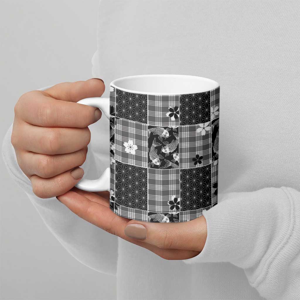 Black Palaka Japanese Patterns Ceramic Mug Koi Fish Asanoha Sakura Patchwork Stylized - Polynesian Pride