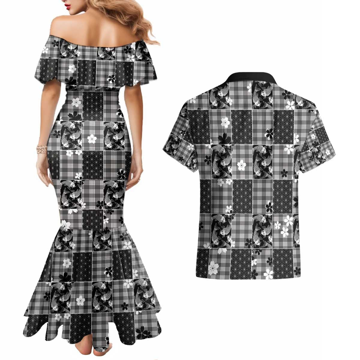 Black Palaka Japanese Patterns Couples Matching Mermaid Dress and Hawaiian Shirt Koi Fish Asanoha Sakura Patchwork Stylized - Polynesian Pride