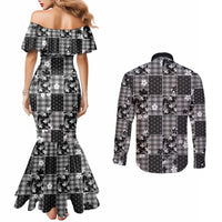Black Palaka Japanese Patterns Couples Matching Mermaid Dress and Long Sleeve Button Shirt Koi Fish Asanoha Sakura Patchwork Stylized - Polynesian Pride