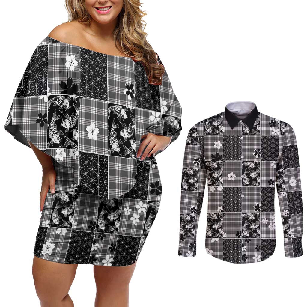 Black Palaka Japanese Patterns Couples Matching Off Shoulder Short Dress and Long Sleeve Button Shirt Koi Fish Asanoha Sakura Patchwork Stylized - Polynesian Pride