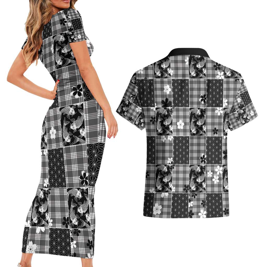 Black Palaka Japanese Patterns Couples Matching Short Sleeve Bodycon Dress and Hawaiian Shirt Koi Fish Asanoha Sakura Patchwork Stylized - Polynesian Pride