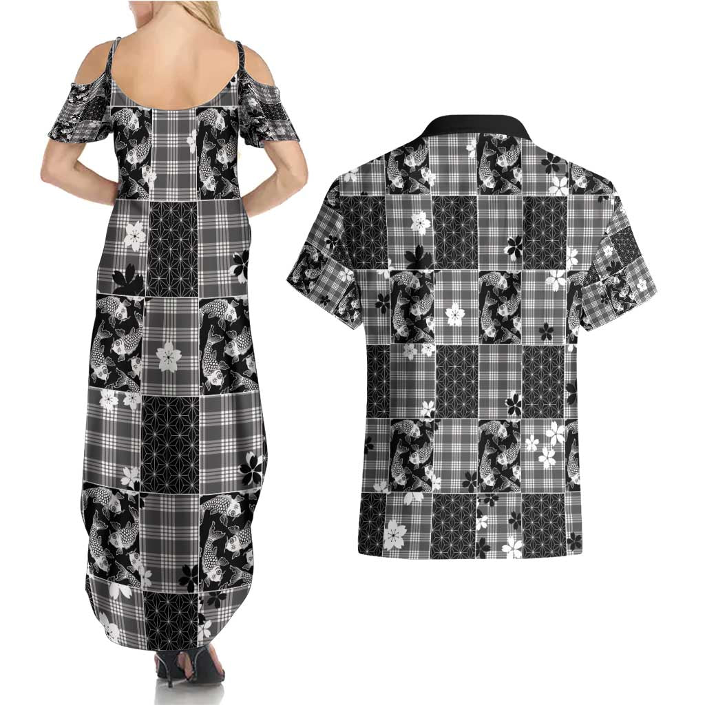 Black Palaka Japanese Patterns Couples Matching Summer Maxi Dress and Hawaiian Shirt Koi Fish Asanoha Sakura Patchwork Stylized - Polynesian Pride