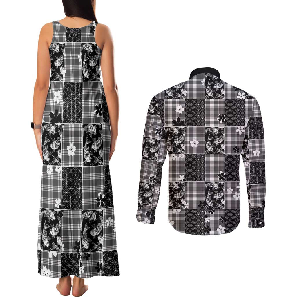 Black Palaka Japanese Patterns Couples Matching Tank Maxi Dress and Long Sleeve Button Shirt Koi Fish Asanoha Sakura Patchwork Stylized - Polynesian Pride