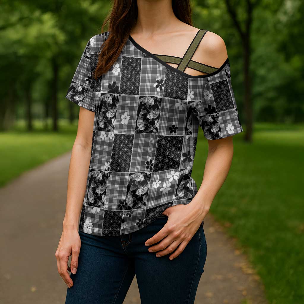 Black Palaka Japanese Patterns Cross Shoulder Shirt Koi Fish Asanoha Sakura Patchwork Stylized - Polynesian Pride