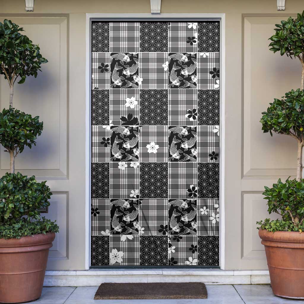 Black Palaka Japanese Patterns Door Cover Koi Fish Asanoha Sakura Patchwork Stylized LT14 Black - Polynesian Pride