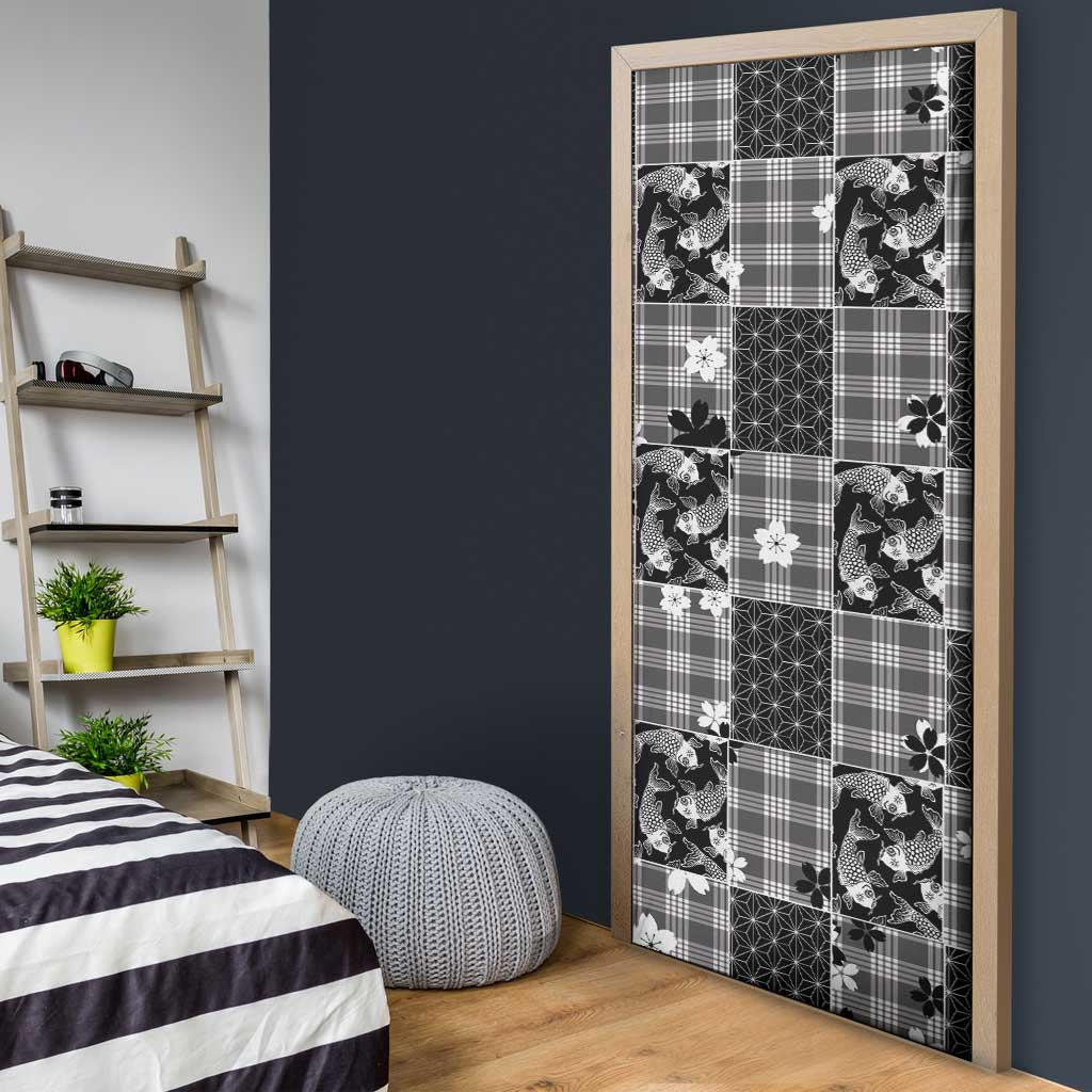 Black Palaka Japanese Patterns Door Cover Koi Fish Asanoha Sakura Patchwork Stylized - Polynesian Pride