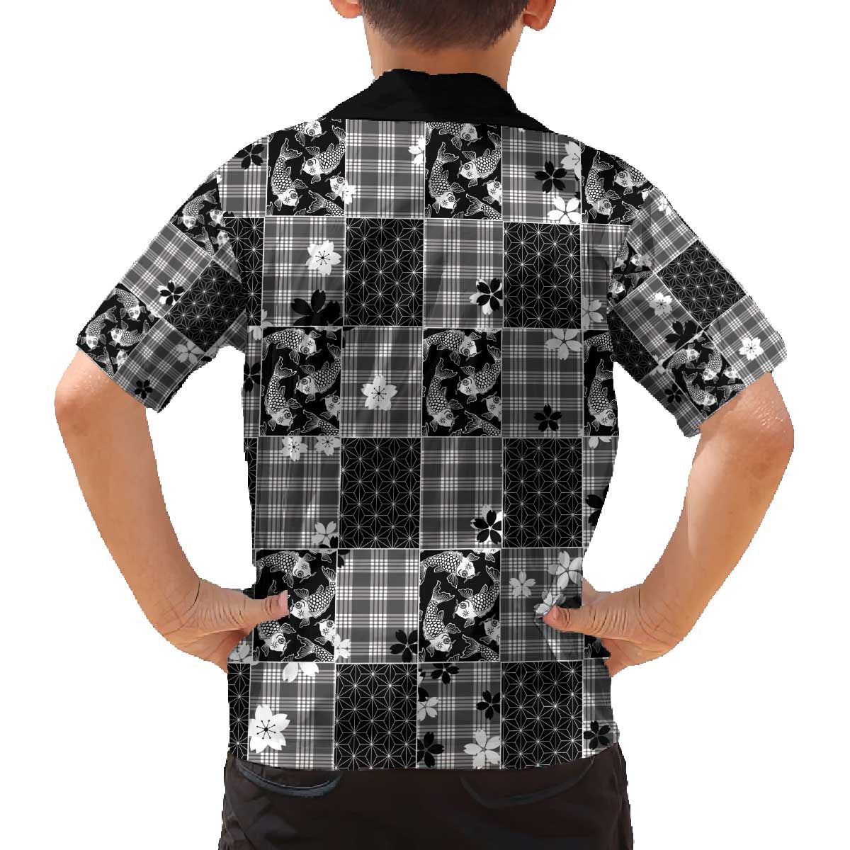 Black Palaka Japanese Patterns Family Matching Off The Shoulder Long Sleeve Dress and Hawaiian Shirt Koi Fish Asanoha Sakura Patchwork Stylized - Polynesian Pride