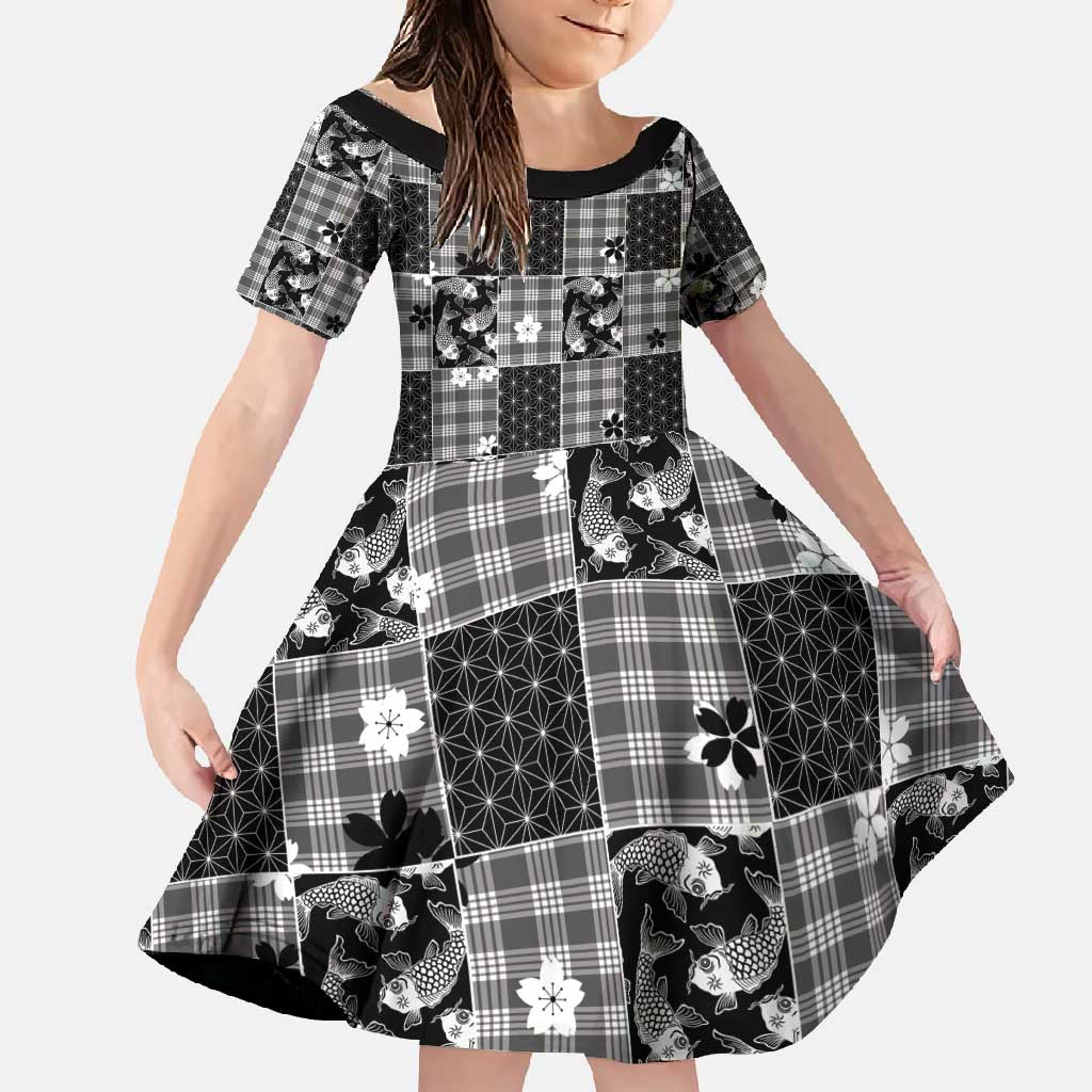 Black Palaka Japanese Patterns Family Matching Off Shoulder Maxi Dress and Hawaiian Shirt Koi Fish Asanoha Sakura Patchwork Stylized - Polynesian Pride