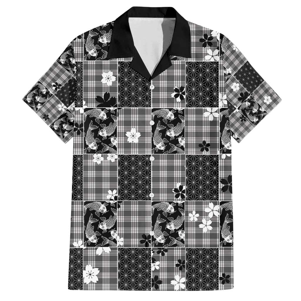 Black Palaka Japanese Patterns Family Matching Off Shoulder Maxi Dress and Hawaiian Shirt Koi Fish Asanoha Sakura Patchwork Stylized - Polynesian Pride